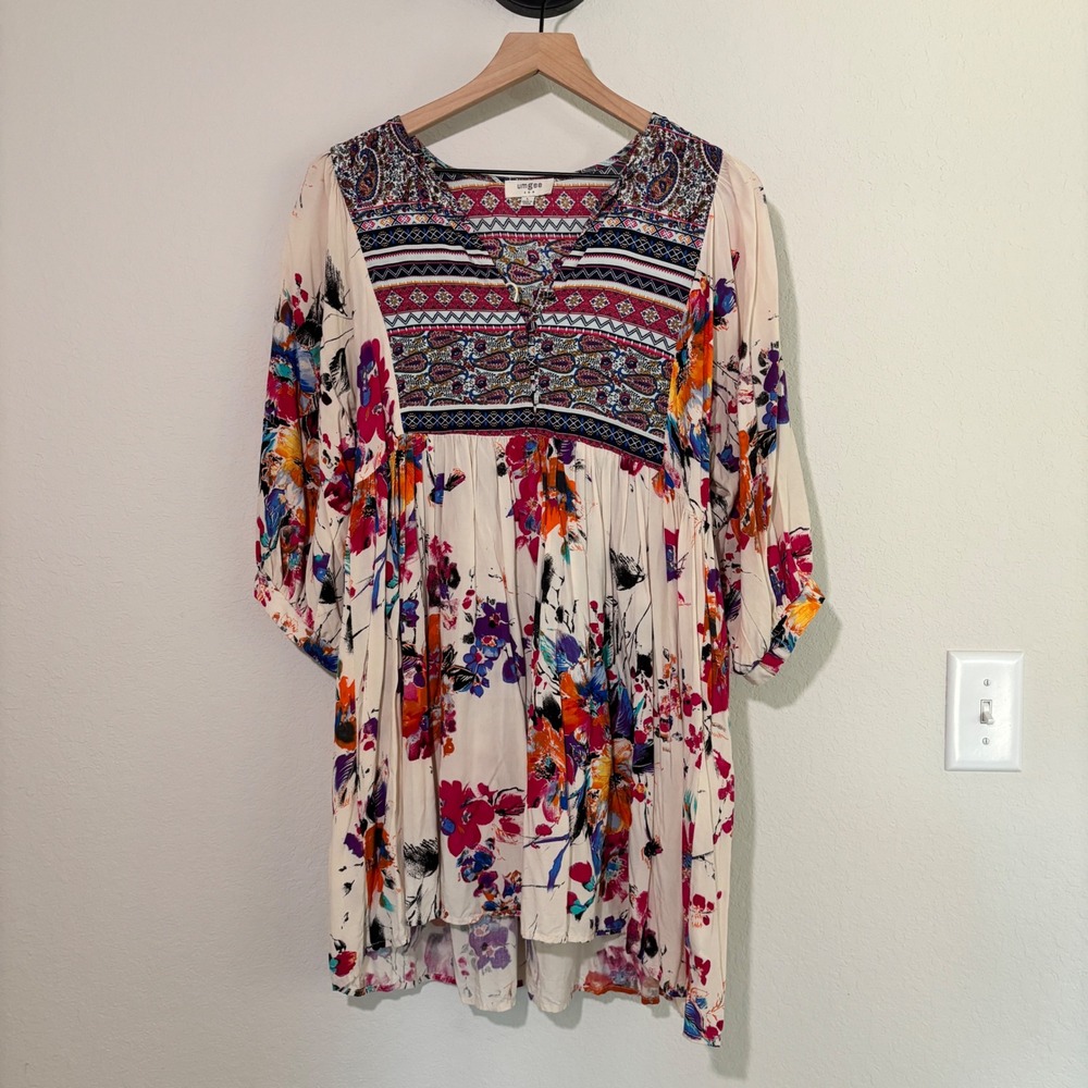 Umgee Tunic Shirt Large Floral Mixed Print Boho Festival Cream Multi